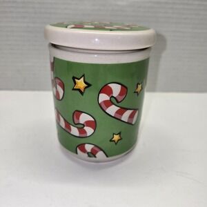 Merry Brite Candy Cane Hand Painted‎ Lidded Canister Small Seasonal Adorable